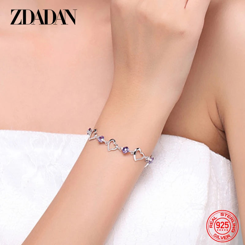 ZDADAN 925 Sterling Silver Amethyst Heart Bracelet For Womens Adjustable Fashion Party Jewelry