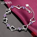 ZDADAN 925 Sterling Silver Amethyst Heart Bracelet For Womens Adjustable Fashion Party Jewelry