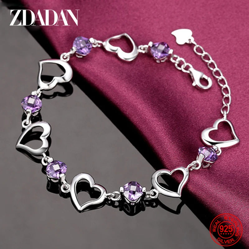 ZDADAN 925 Sterling Silver Amethyst Heart Bracelet For Womens Adjustable Fashion Party Jewelry