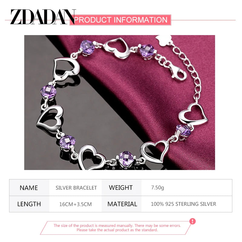 ZDADAN 925 Sterling Silver Amethyst Heart Bracelet For Womens Adjustable Fashion Party Jewelry