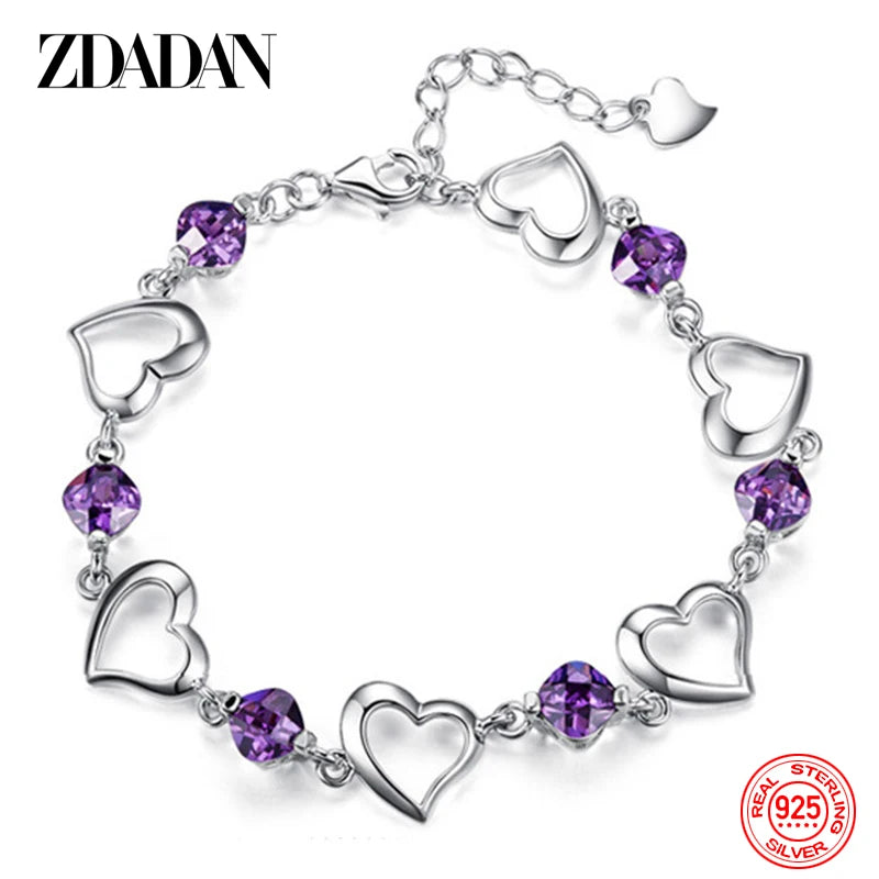 ZDADAN 925 Sterling Silver Amethyst Heart Bracelet For Womens Adjustable Fashion Party Jewelry