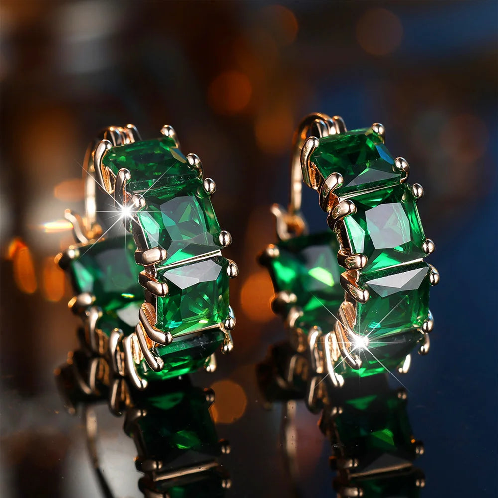 Crystal Green White Blue Square Zircon Stone Hoop Earrings For Women Fashion Female Gold Color Wedding Jewelry
