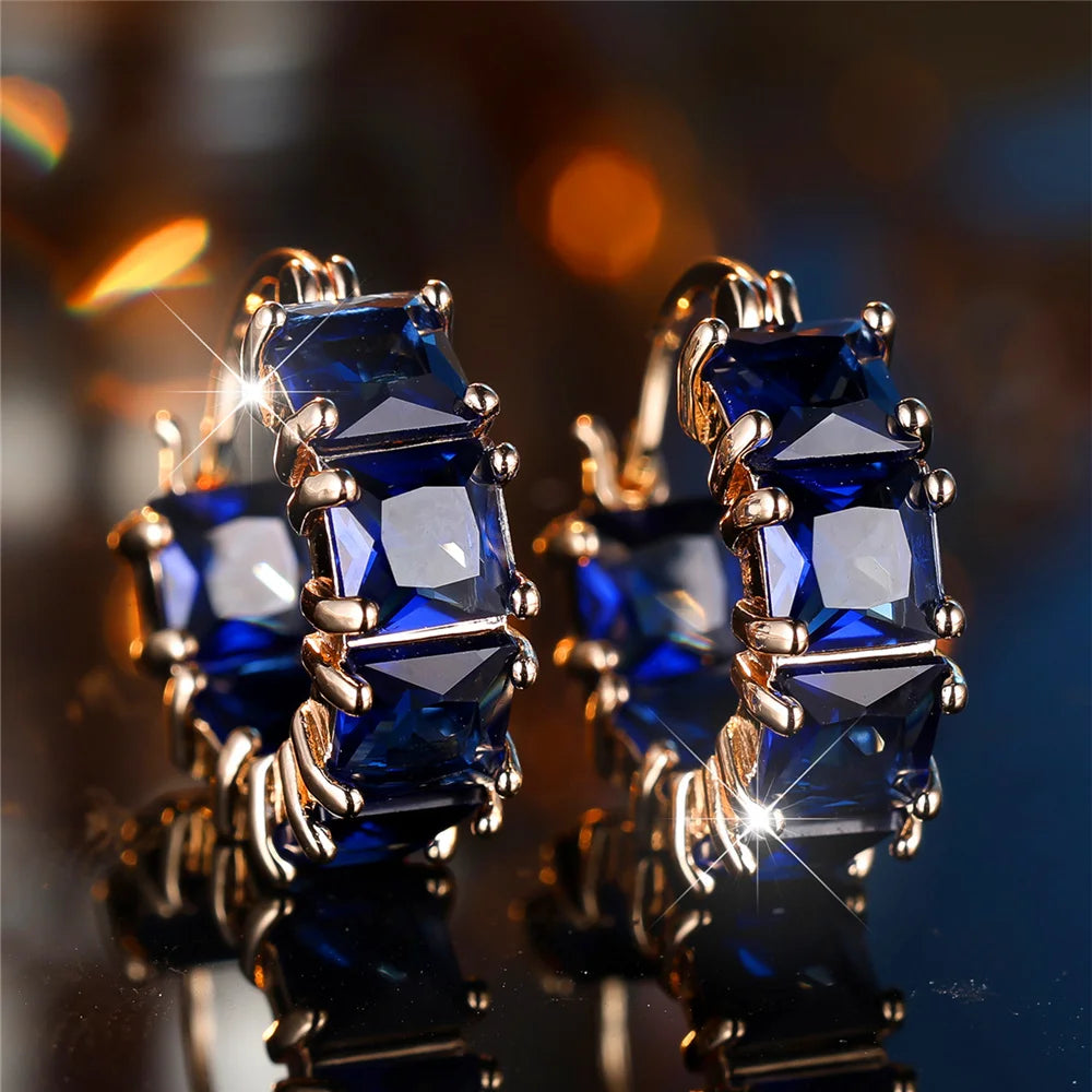 Crystal Green White Blue Square Zircon Stone Hoop Earrings For Women Fashion Female Gold Color Wedding Jewelry