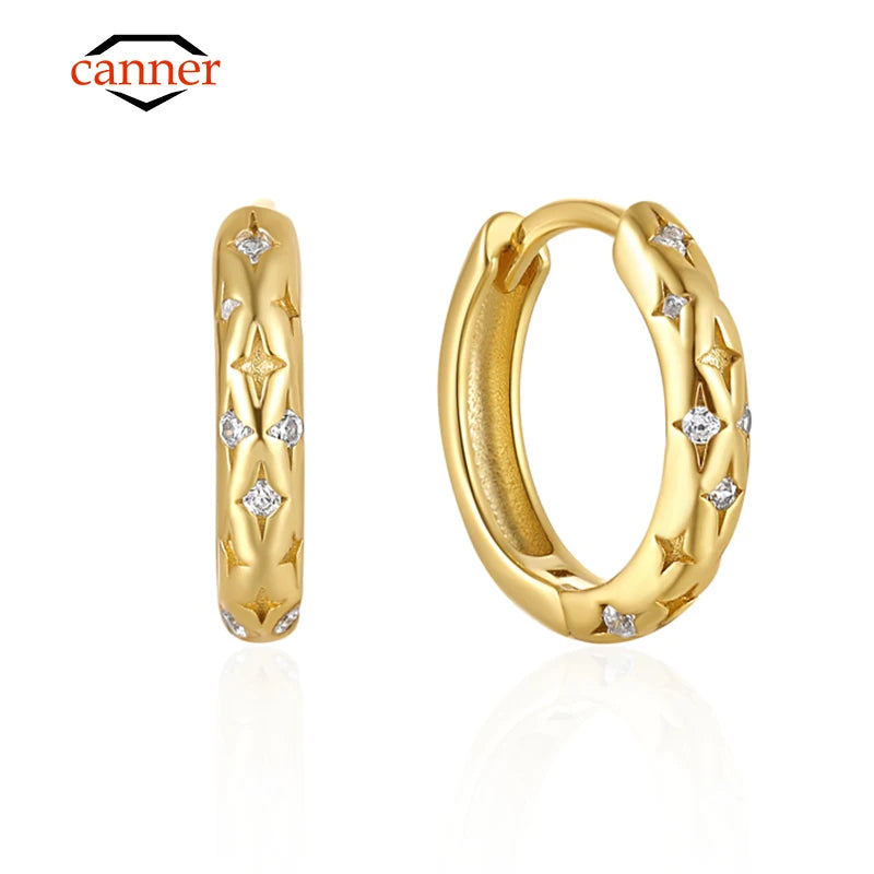 CANNER Star Zircon 925 Sterling Silver Hoop Earrings for Women Gold Color Round Circle Earing Fine Jewelry Accessory Pendientes