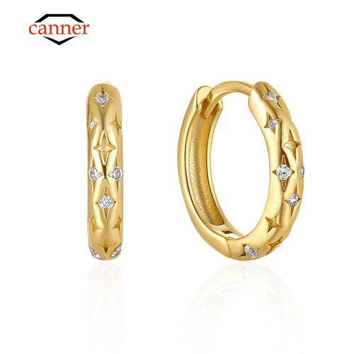 CANNER Star Zircon 925 Sterling Silver Hoop Earrings for Women Gold Color Round Circle Earing Fine Jewelry Accessory Pendientes