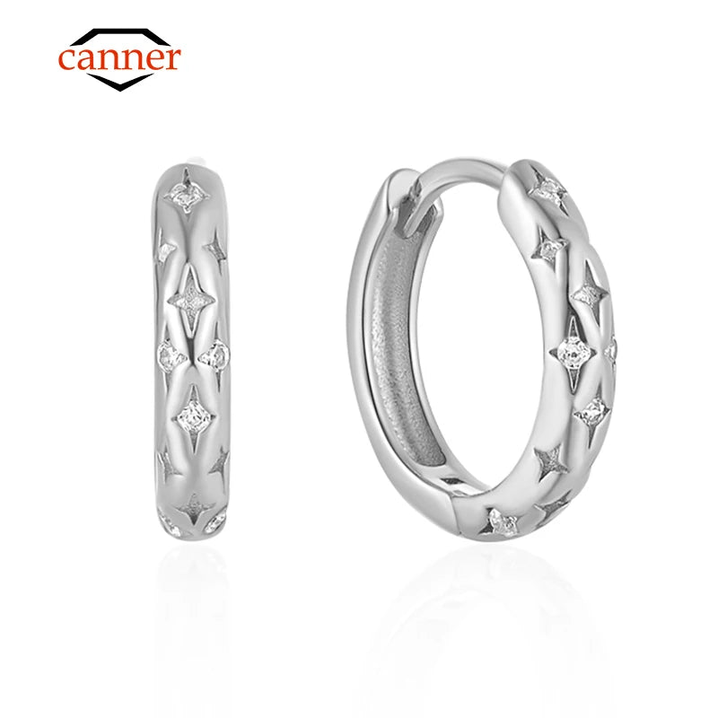 CANNER Star Zircon 925 Sterling Silver Hoop Earrings for Women Gold Color Round Circle Earing Fine Jewelry Accessory Pendientes
