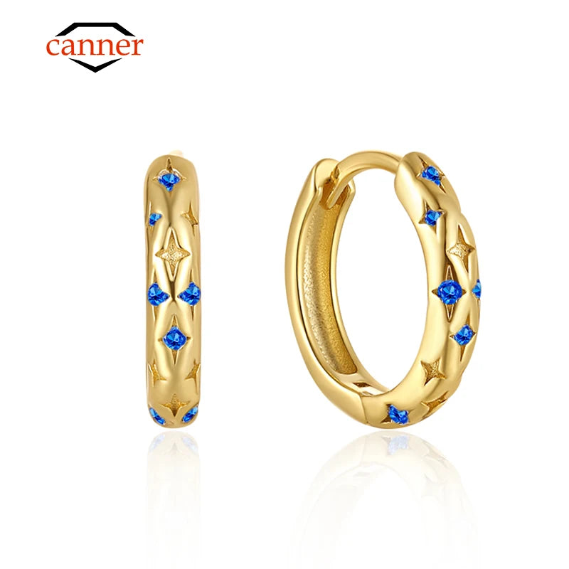 CANNER Star Zircon 925 Sterling Silver Hoop Earrings for Women Gold Color Round Circle Earing Fine Jewelry Accessory Pendientes