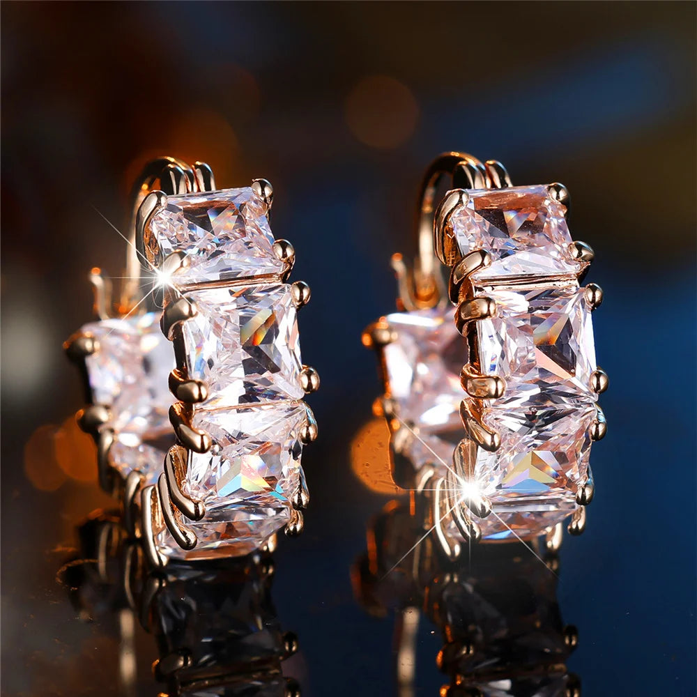 Crystal Green White Blue Square Zircon Stone Hoop Earrings For Women Fashion Female Gold Color Wedding Jewelry